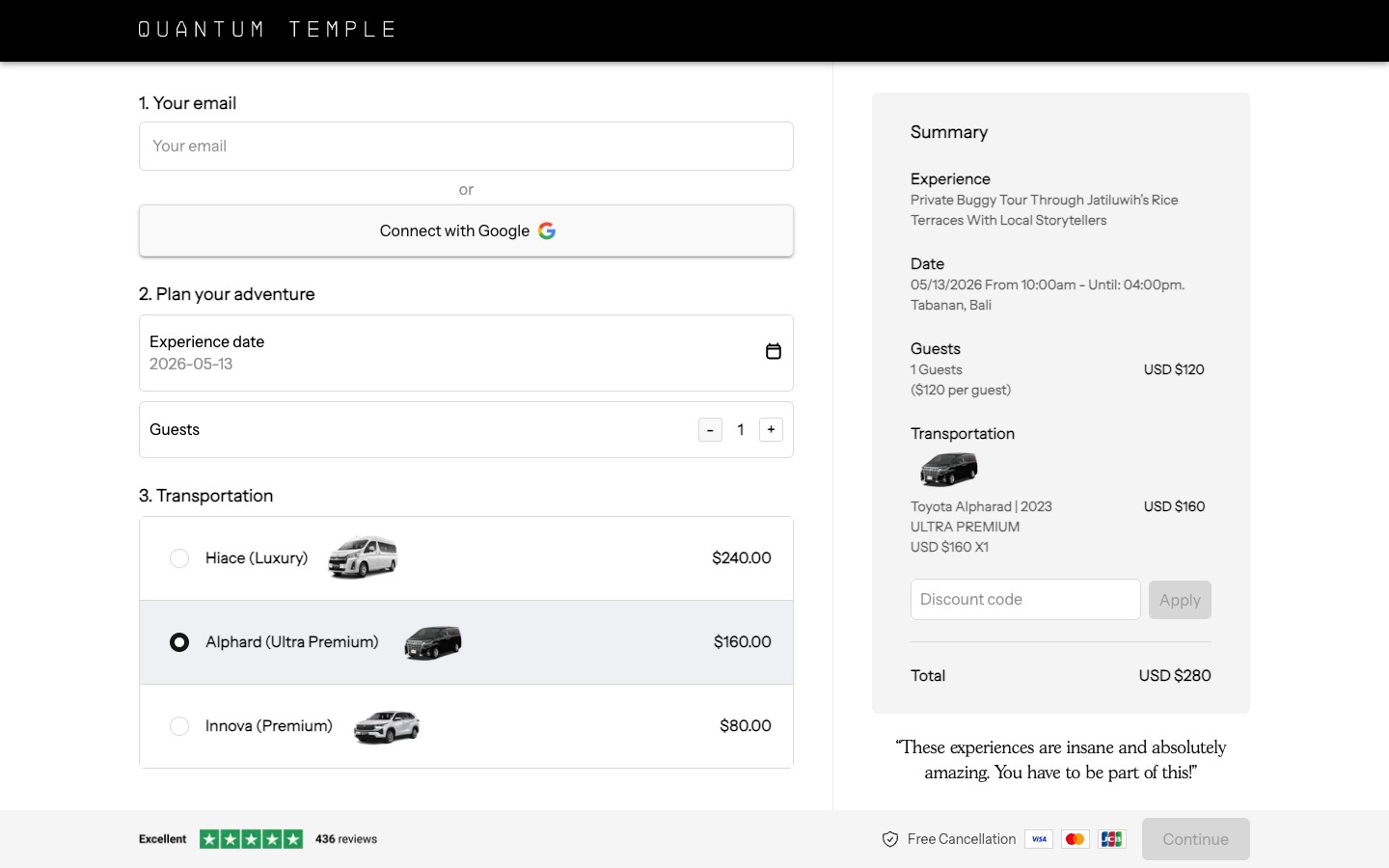 Quantum Temple express checkout on desktop